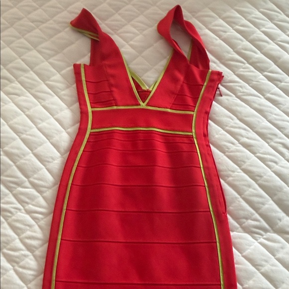 Herve Leger AUTHENTIC Red and NEON Yellow Bandage Dress - Picture 5 of 10